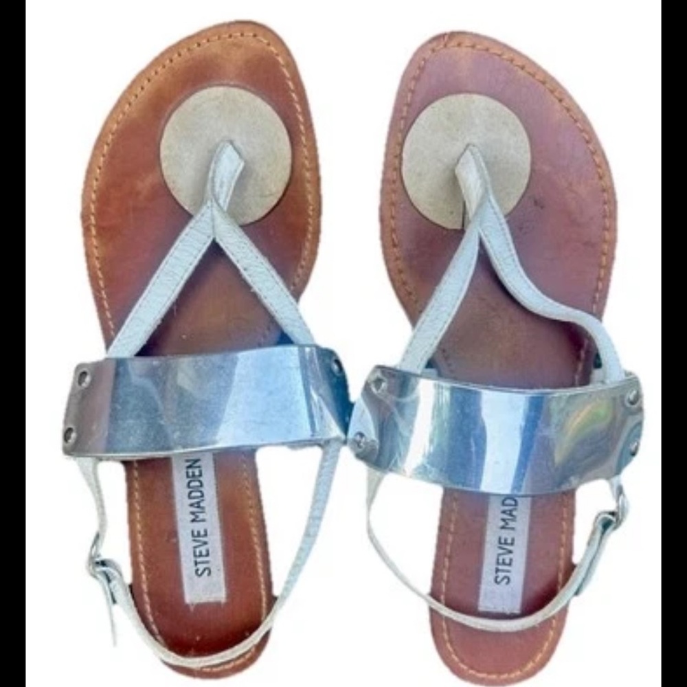 Steve Madden White and Silver Metallic Flat Thong Sandals